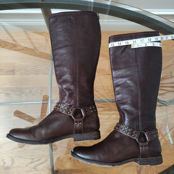 FRYE Phillip Studded Brown Leather Harness Tall Leather Boots women's 9B - Picture 6 of 16
